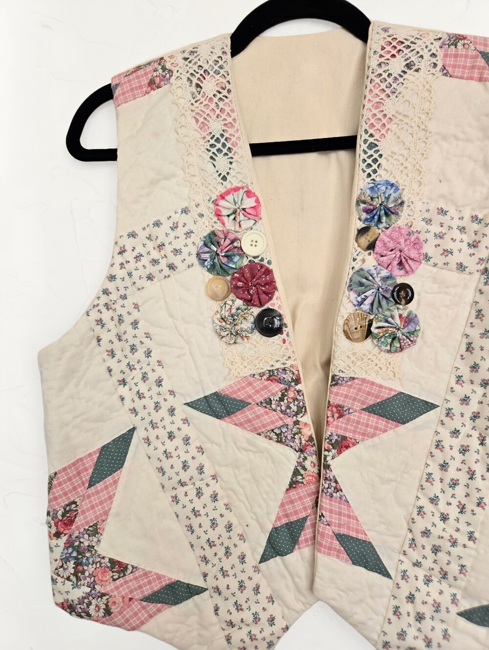 Vintage Quilted Cream Pink Cottagecore Handmade Vest, M